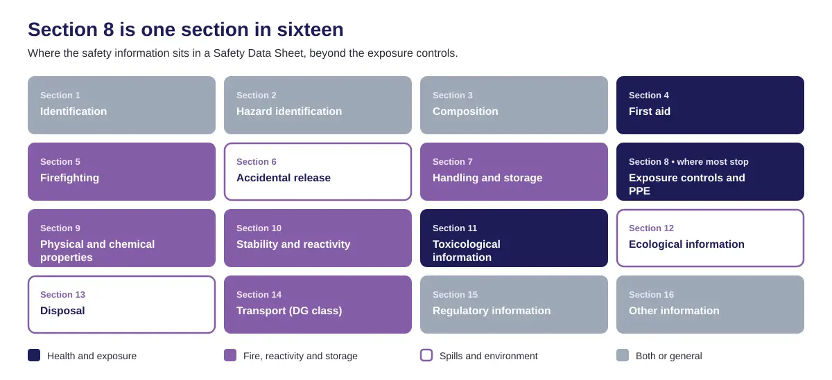 The 16 sections of a Safety Data Sheet grouped by health, fire and storage, spills and environment, and general information.