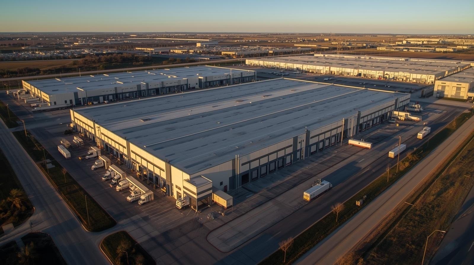 Aerial view of large multi-site industrial warehouse complex