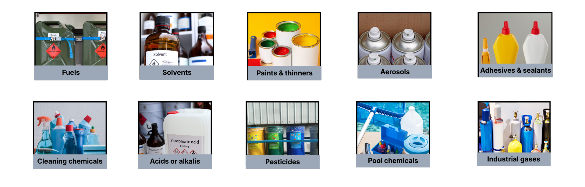 Types of hazardous chemicals including fuels, solvents, paints and thinners, aerosols, adhesives and sealants, cleaning chemicals, acids or alkalis, pesticides, pool chemicals, and industrial gases