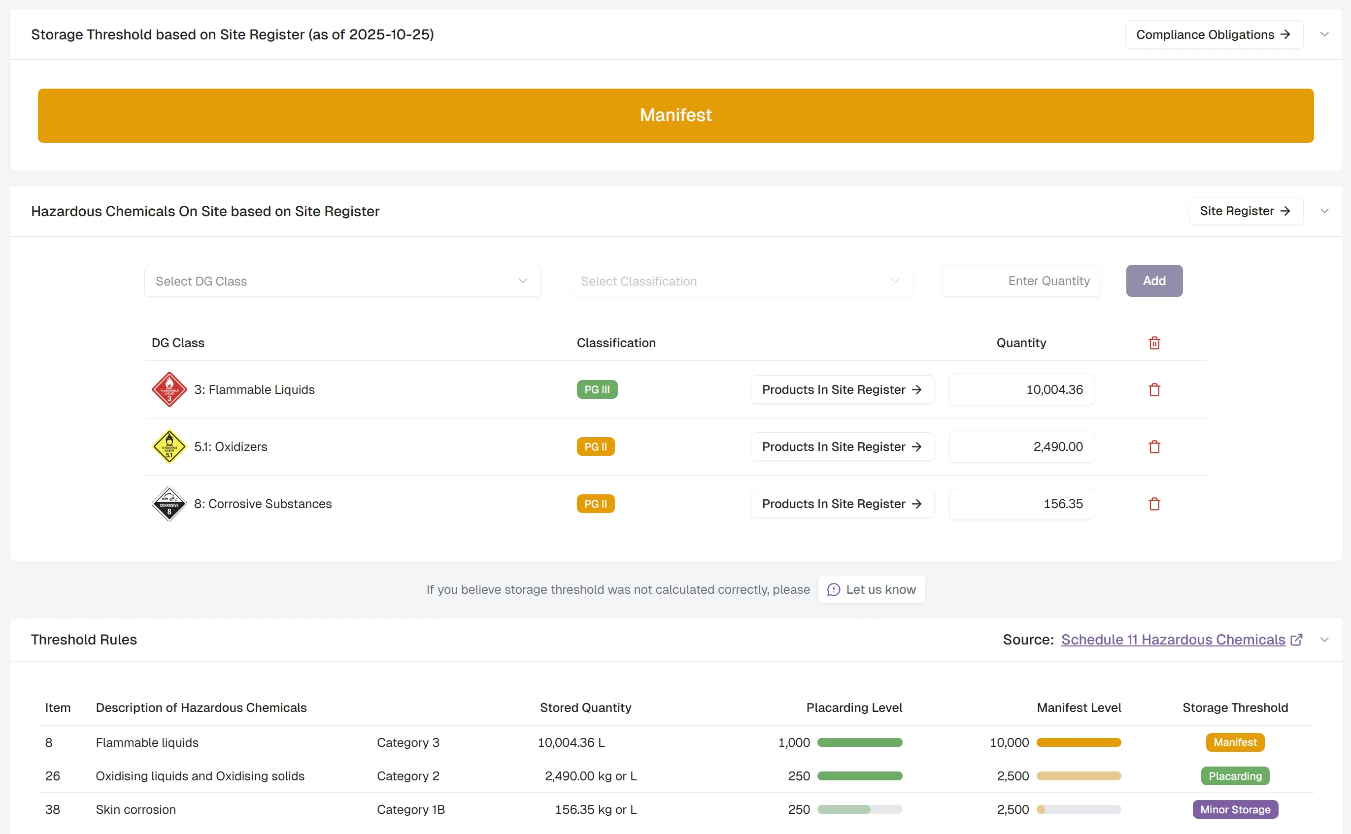 DGXprt storage threshold calculator showing manifest quantities for dangerous goods classifications