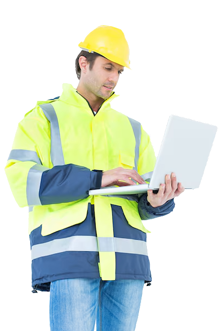 Professional with laptop in high-vis clothing