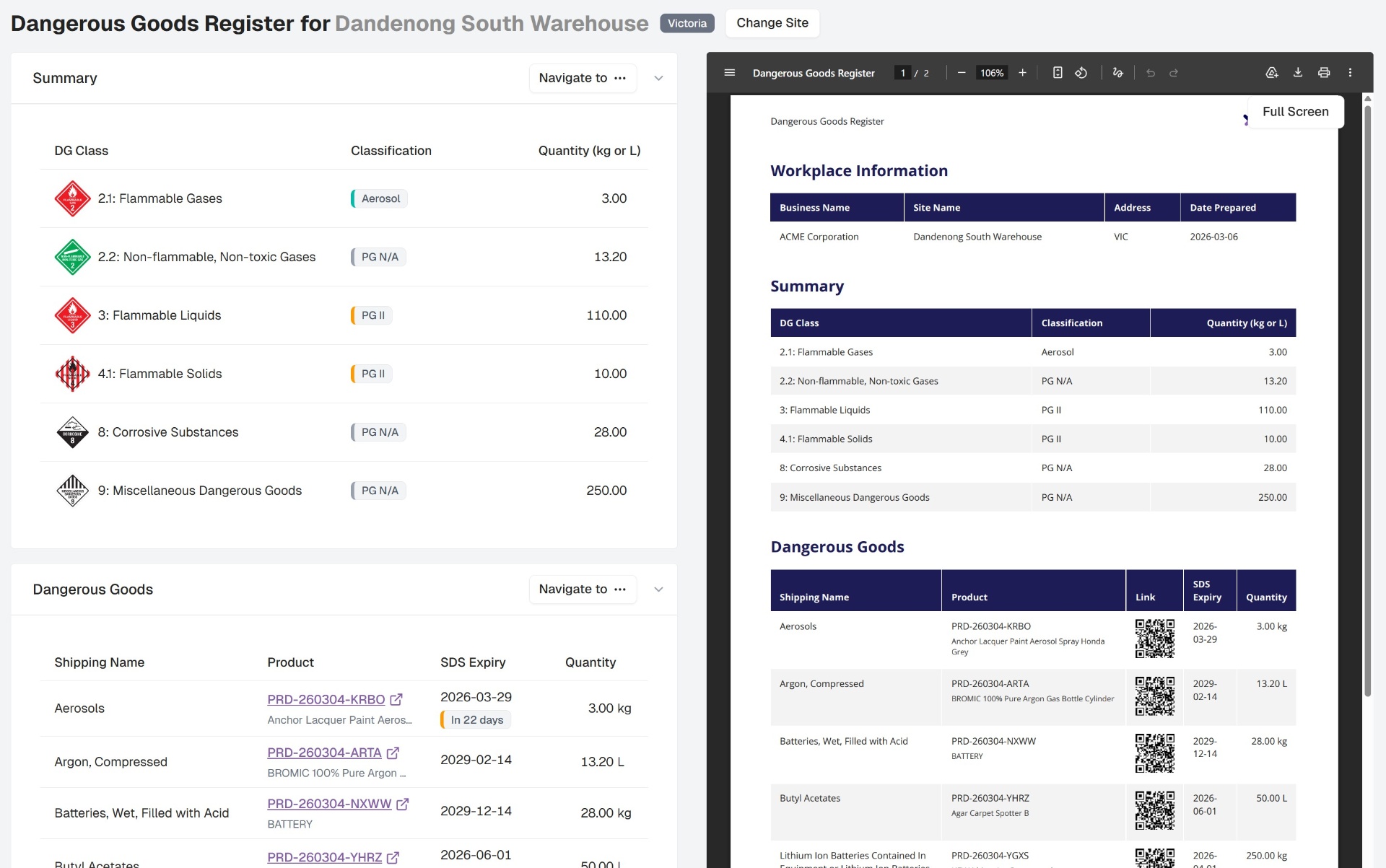 DGXprt Dangerous Goods Register showing summary by DG Class and professional PDF output