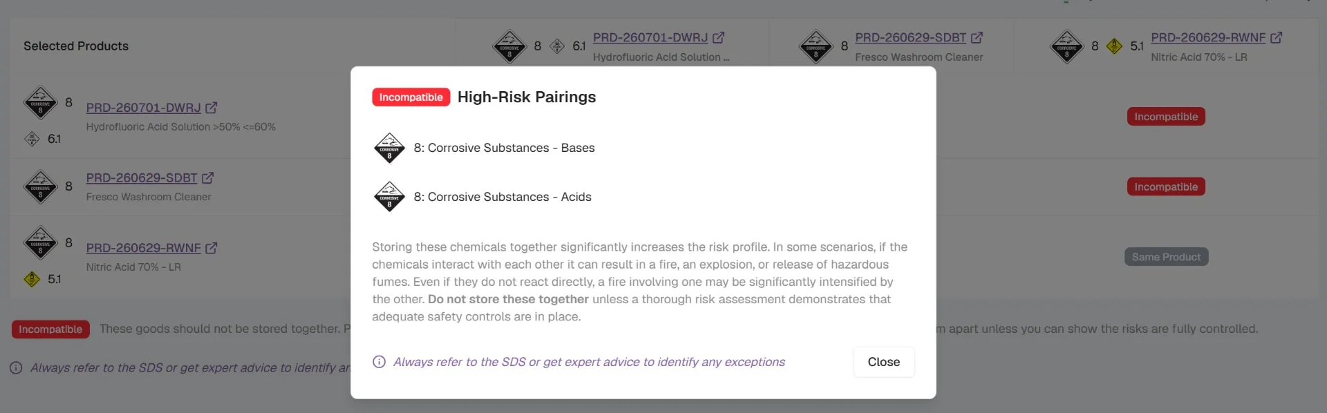 DGXprt Product Segregation Guide highlighting an incompatible acid and base pairing