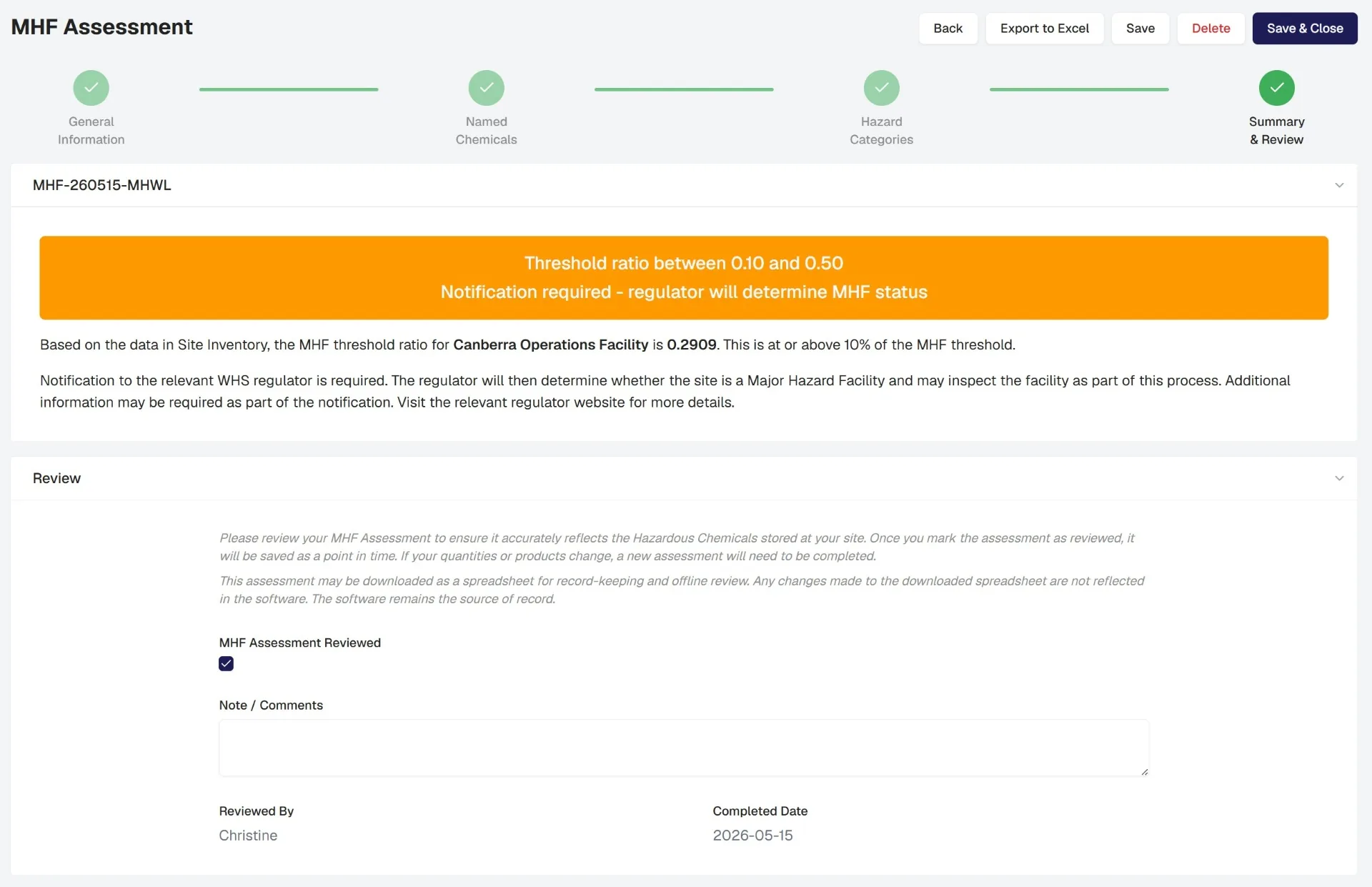 Major Hazard Facility Threshold Assessment
